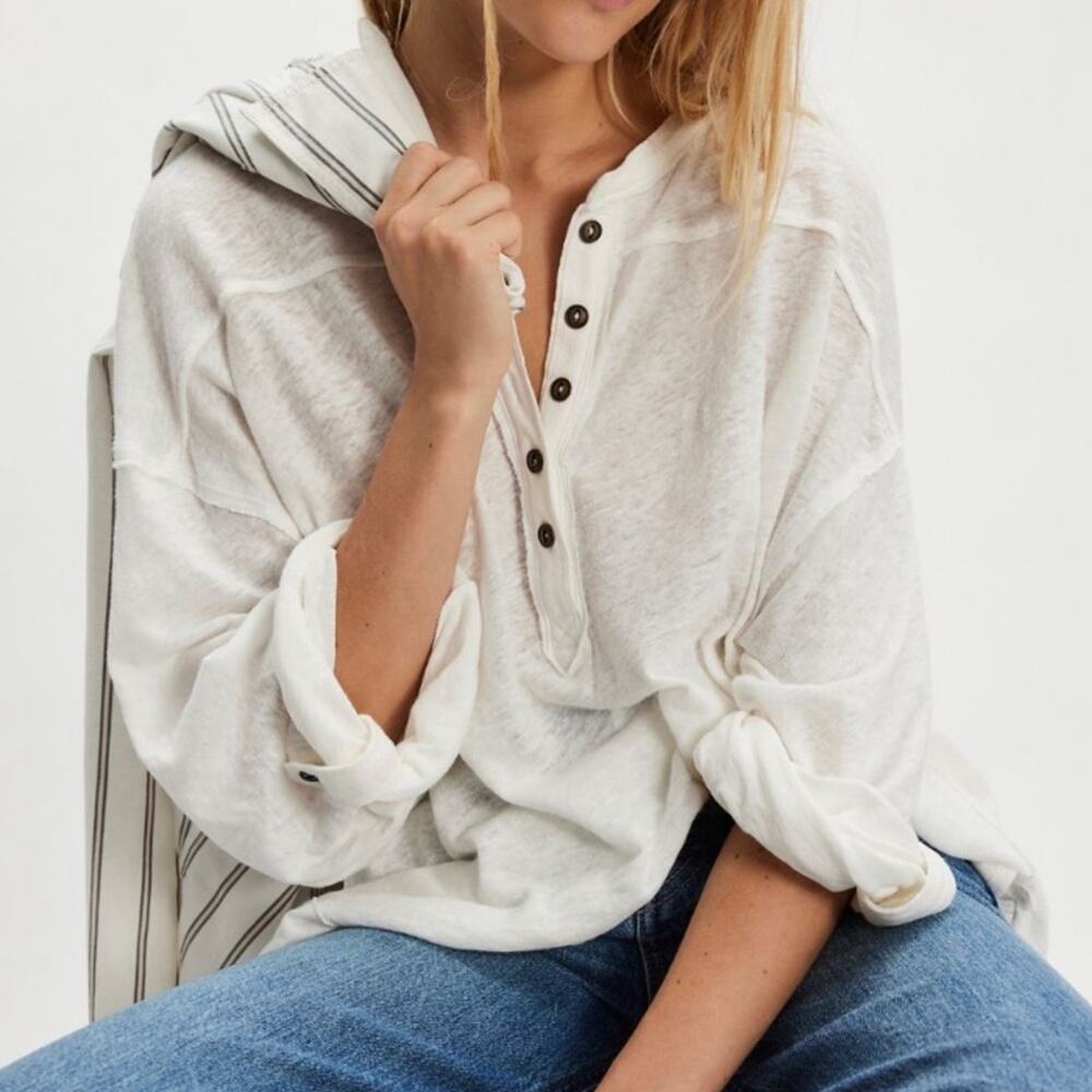 We The Free People Cotton Linen Henley Tee Top Long Sleeve Size XL fit 1X 2X
